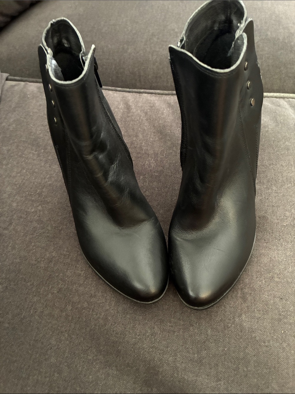 Women's Black Leather Ankle Booties with Side Zip and Stud Detail
